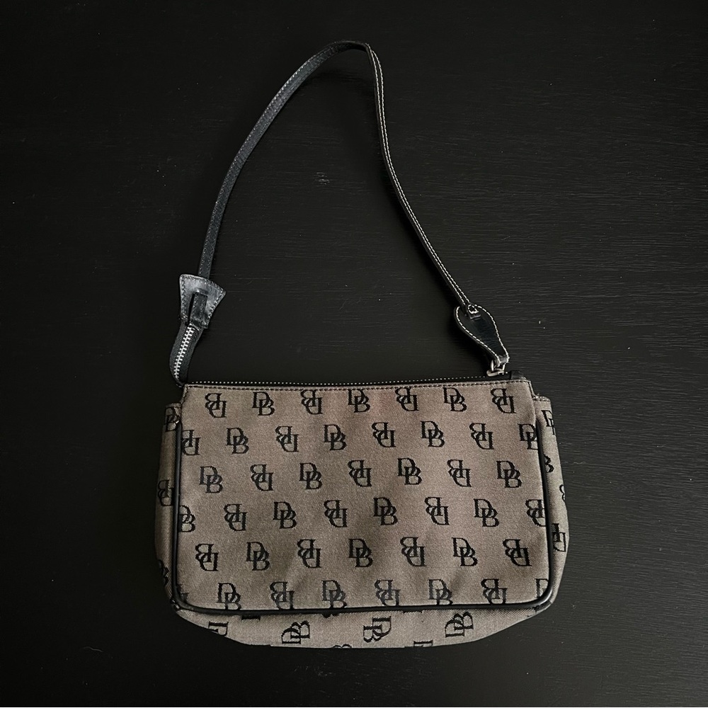 Dooney & Bourke Y2K Small Grey Baguette Wristlet Jacquard Canvas Leather Strap